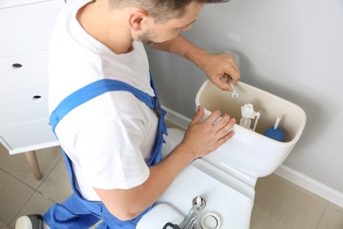 Plumber repairing toilet