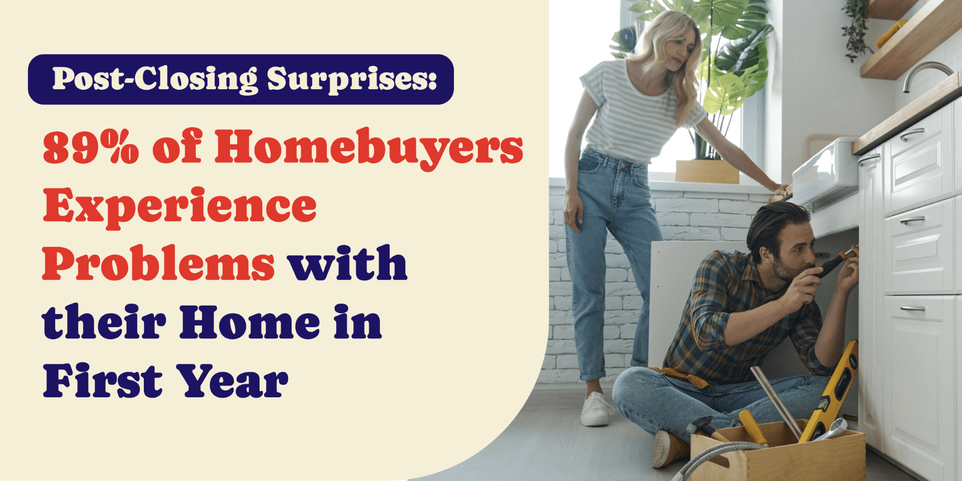 Homebuyers performing repair under kitchen sink