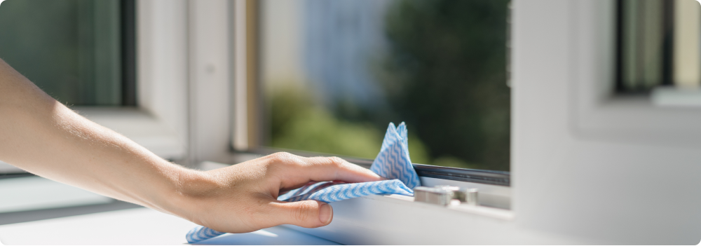 Homeowner wiping window down