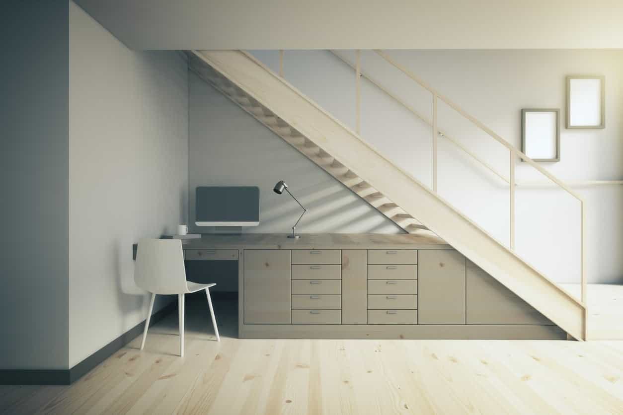 desk under staircase